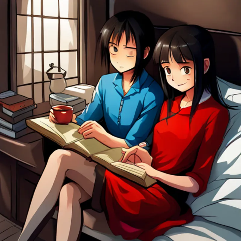 Bashiya: Black hair, blue shirt, mischievous grin hiding Bathisha: Brown hair, red dress, friendly smile's books under the bed