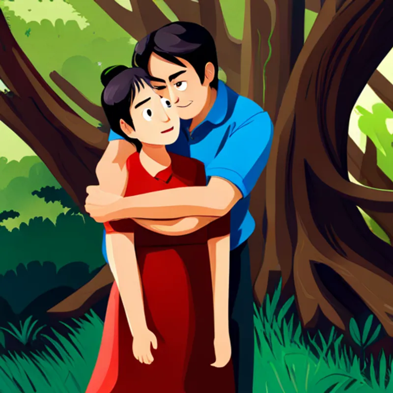 Parents with tired faces watching Bathisha: Brown hair, red dress, friendly smile and Bashiya: Black hair, blue shirt, mischievous grin