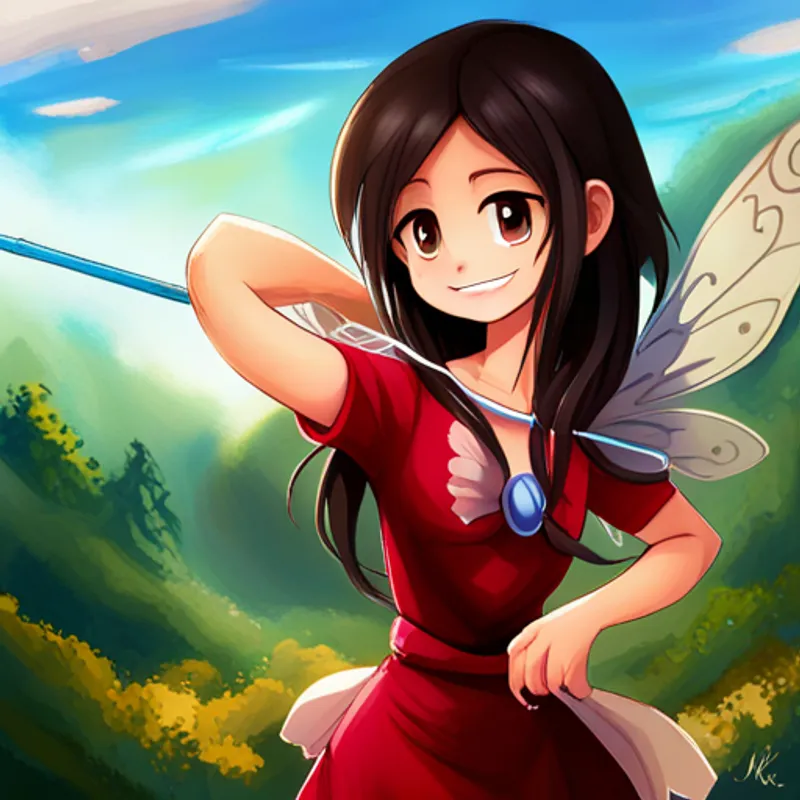 Magical Fairy: Sparkly wings, colorful dress, magical wand with sparkly wings smiling at Bathisha: Brown hair, red dress, friendly smile and Bashiya: Black hair, blue shirt, mischievous grin