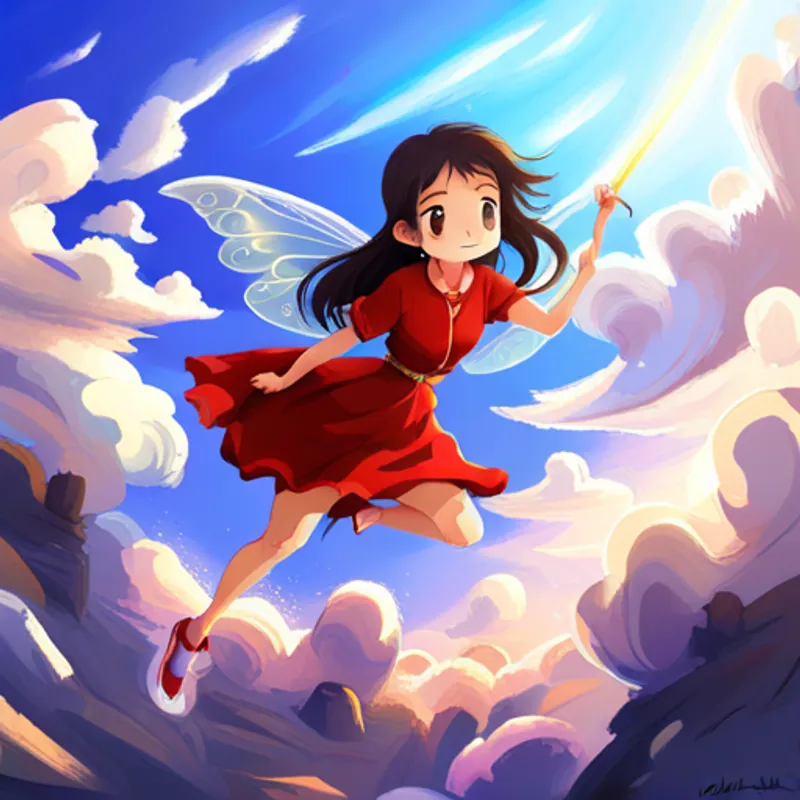 Bathisha: Brown hair, red dress, friendly smile, Bashiya: Black hair, blue shirt, mischievous grin, and the Fairy: Sparkly wings, colorful dress, magical wand flying on clouds