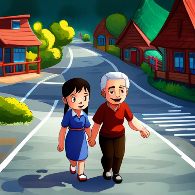 Bathisha: Brown hair, red dress, friendly smile and Bashiya: Black hair, blue shirt, mischievous grin helping an elderly couple cross the road