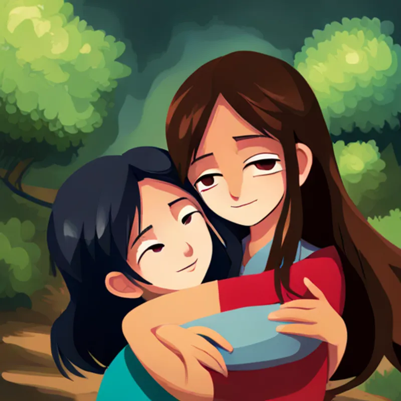 Bathisha: Brown hair, red dress, friendly smile and Bashiya: Black hair, blue shirt, mischievous grin hugging and smiling