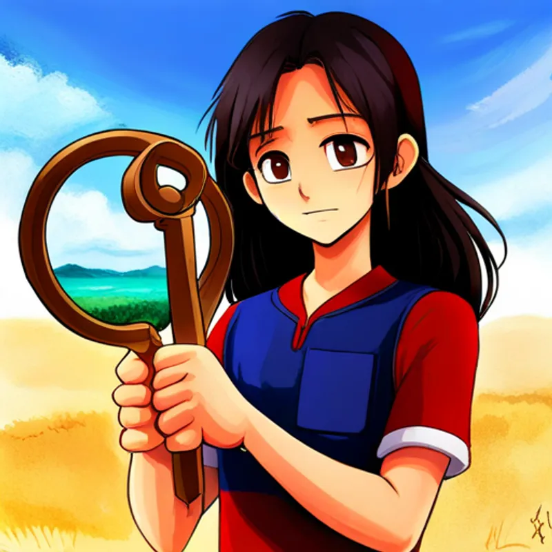 Bathisha: Brown hair, red dress, friendly smile and Bashiya: Black hair, blue shirt, mischievous grin holding a golden key