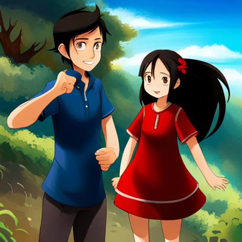 Bathisha: Brown hair, red dress, friendly smile and Bashiya: Black hair, blue shirt, mischievous grin playing happily together