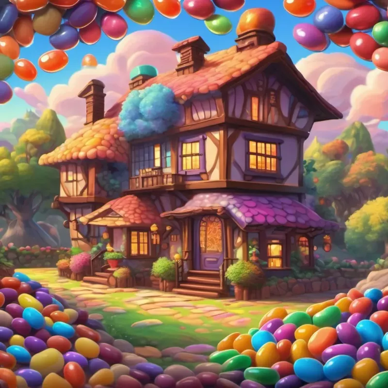 Colorful house made of jellybeans and chocolate, with animated features
