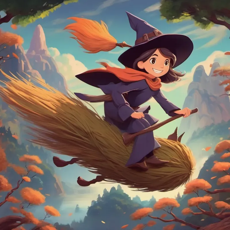 Friendly witch flying on a broom, with sound effects in the background