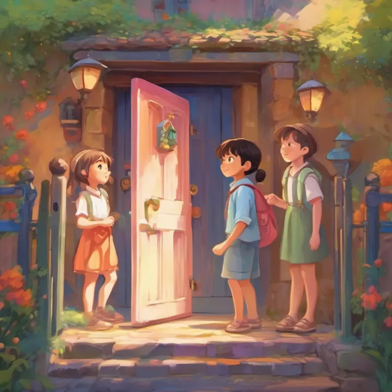 Four children knocking on a colorful door