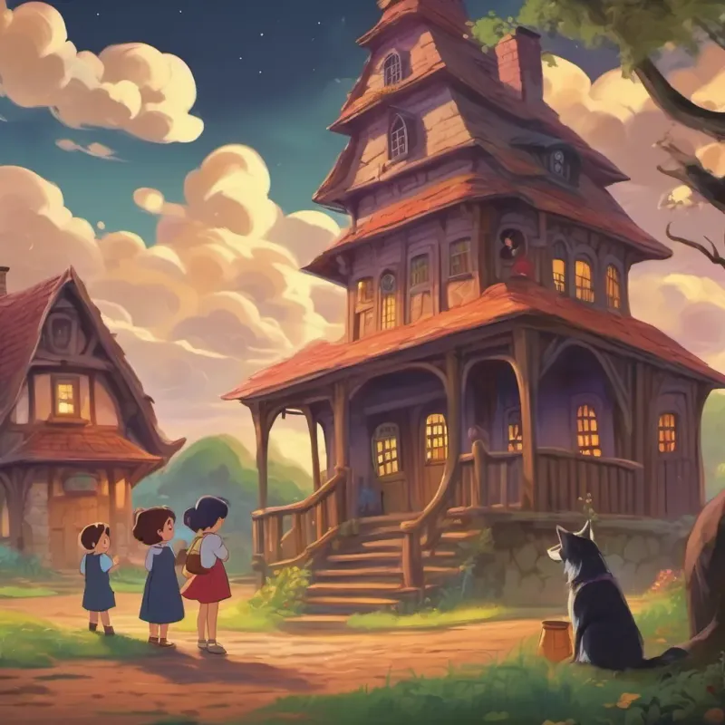 Children explaining to the witch with the haunted house in the background