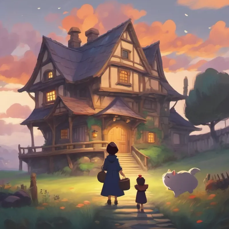 Children and the witch approaching a gloomy, sad-looking house