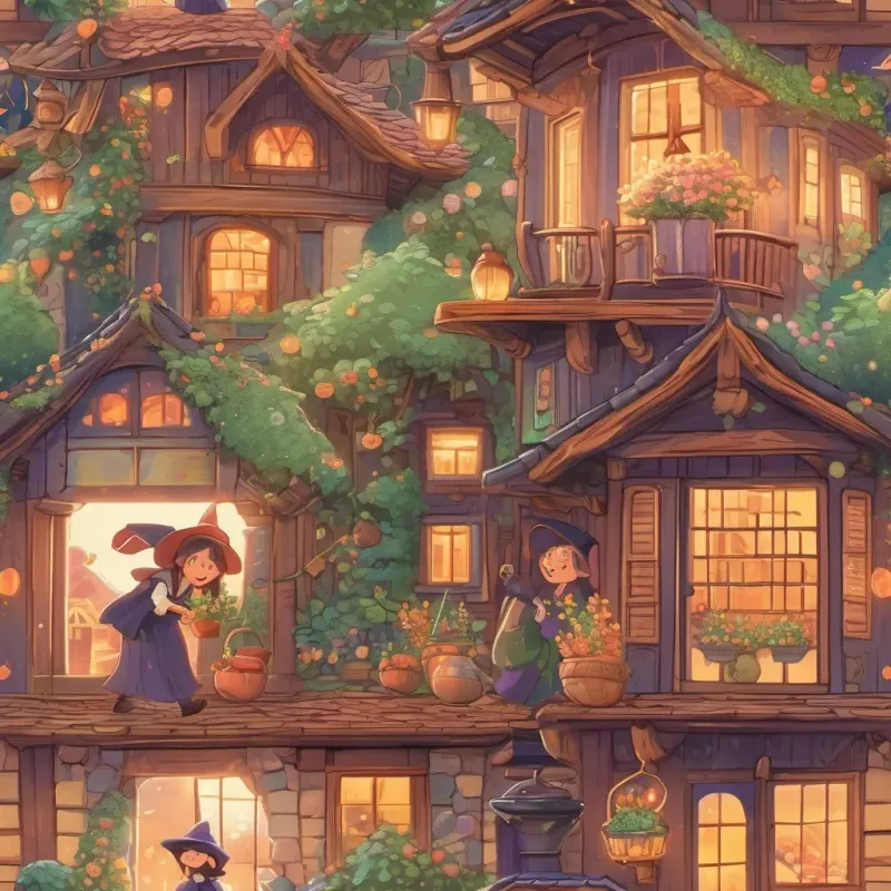 Witch sprinkling glittery potion on the house, which begins to smile and giggle