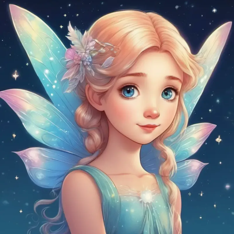 Tiny, ethereal fairy with iridescent wings and sky-blue eyes's special job of making dreams for children