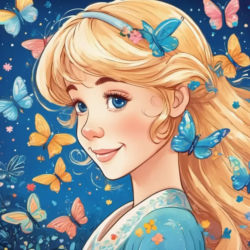 Crafting a dream for Joyful girl with straight blonde hair and sparkling blue eyes with flying butterflies
