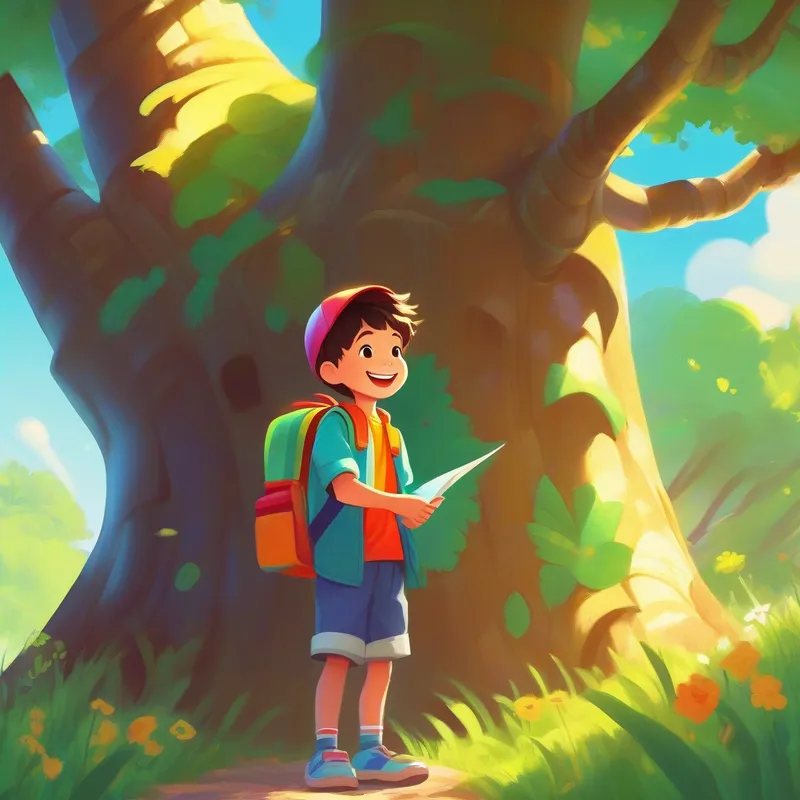 Curious boy with a big smile, wearing colorful clothes. finding a map under a tree with the sun shining.