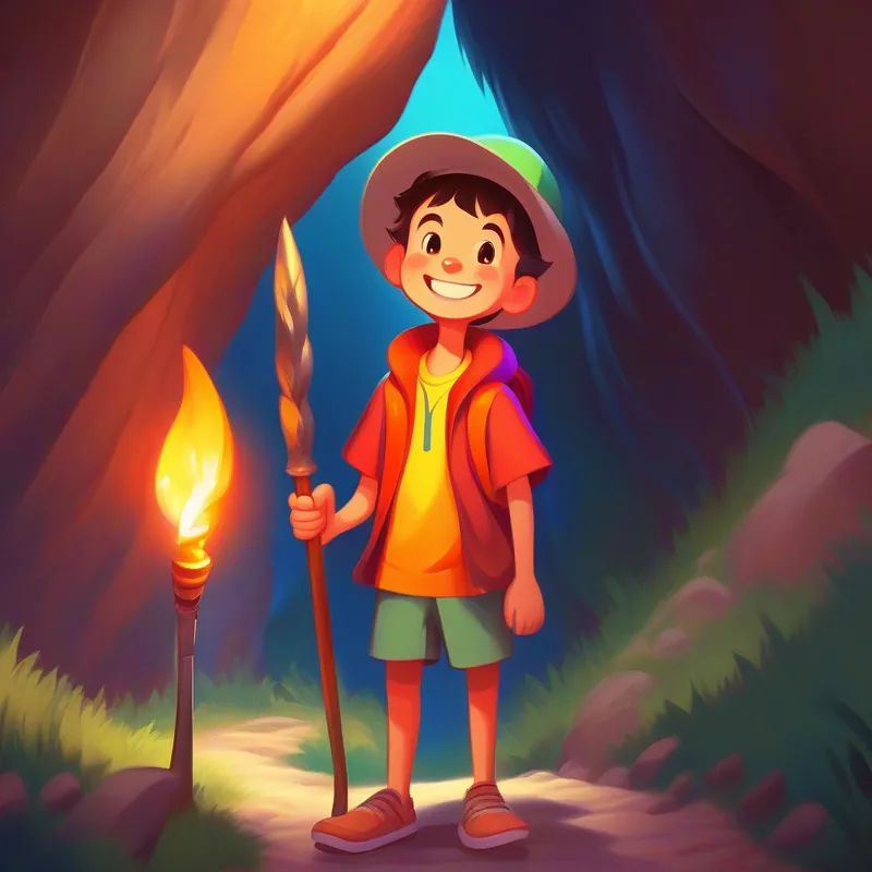 Curious boy with a big smile, wearing colorful clothes. standing at the cave entrance with a torch in hand.