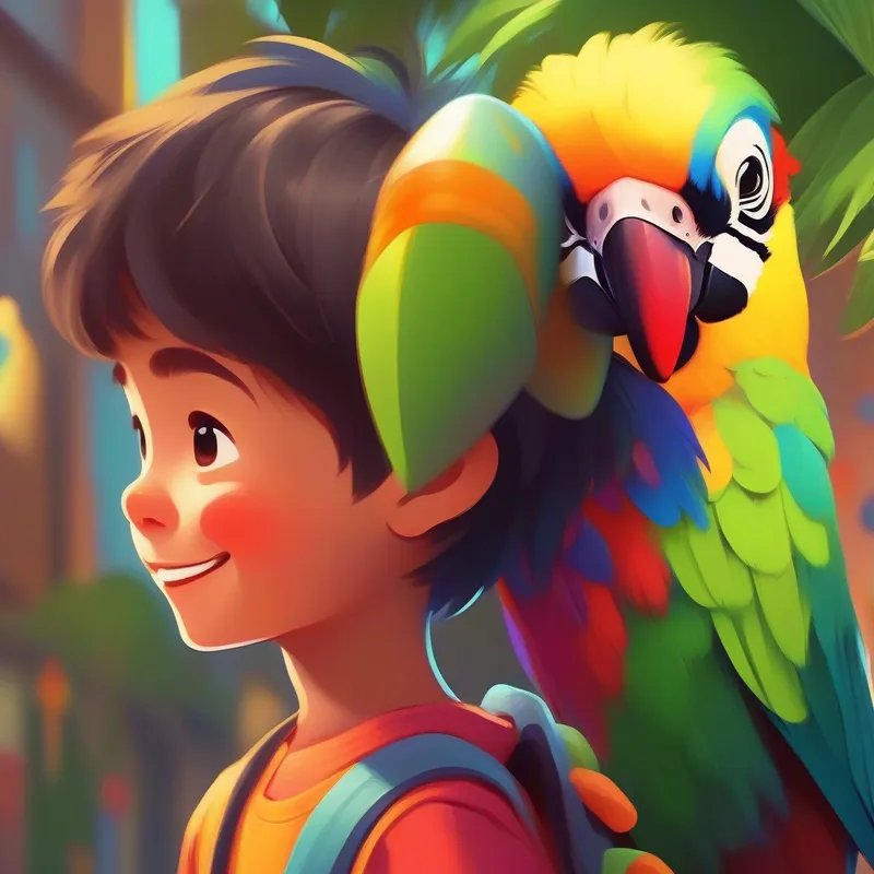Curious boy with a big smile, wearing colorful clothes. talking to a colorful parrot perched on his shoulder.
