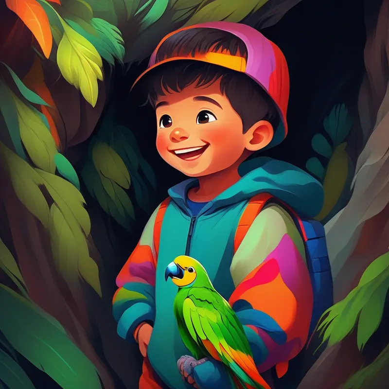 Curious boy with a big smile, wearing colorful clothes. following the parrot inside the dark cave.