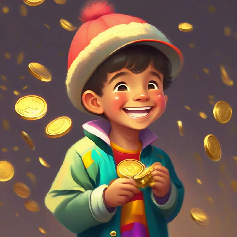 Curious boy with a big smile, wearing colorful clothes. smiling while holding gold coins from the chest.