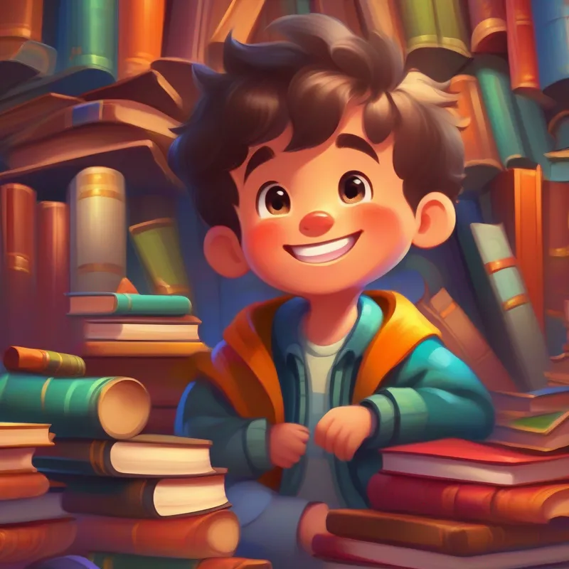 Curious boy with a big smile, wearing colorful clothes. surrounded by books, symbols of knowledge and curiosity.