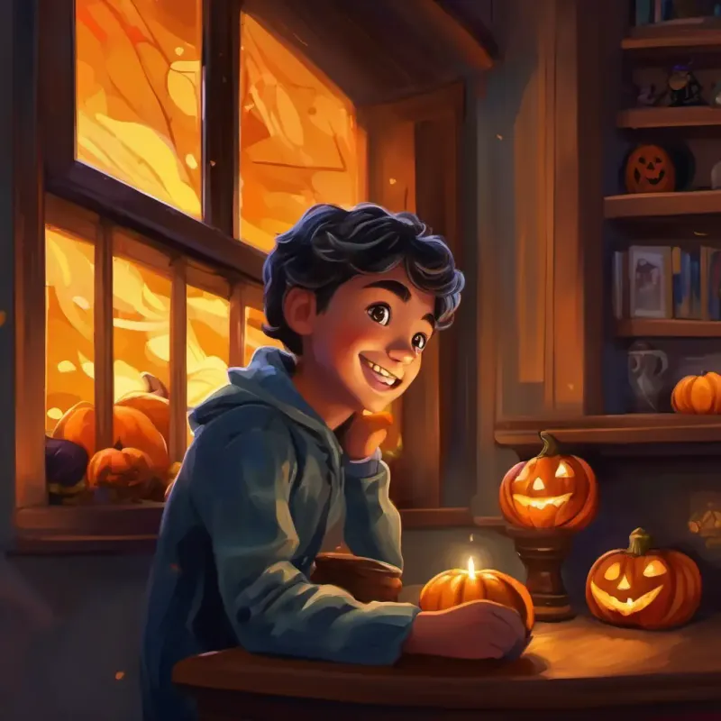 Niño con cabello oscuro y ojos brillantes, sonrisa radiante en su casa, interior oscuro con una pequeña ventana, rodeado de fotos de la familia.