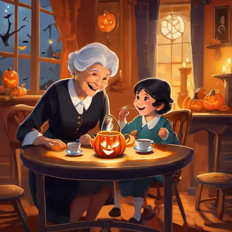 Niño con cabello oscuro y ojos brillantes, sonrisa radiante hablando con su abuela en una acogedora sala de estar, con una taza de té en la mesa.