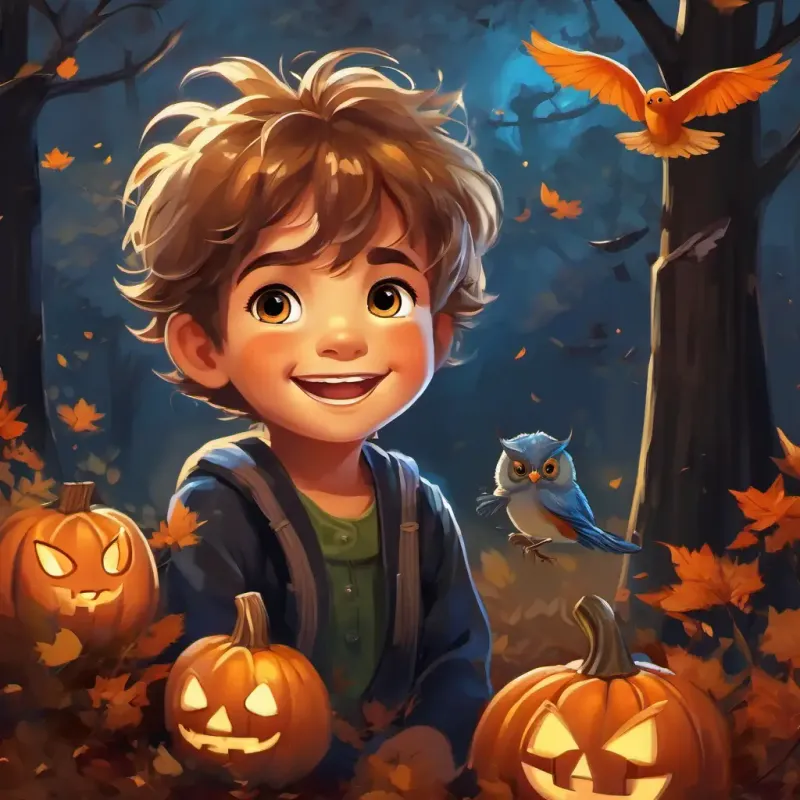 Niño con cabello oscuro y ojos brillantes, sonrisa radiante rodeado de la naturaleza, escuchando el canto de los pájaros con una sonrisa en su rostro.