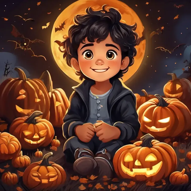 Niño con cabello oscuro y ojos brillantes, sonrisa radiante arrodillado al lado de su cama, con los ojos cerrados y las manos juntas en oración.