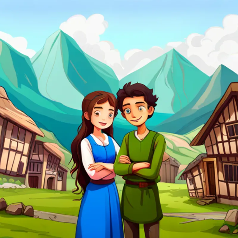 Amira, with dark hair and bright blue eyes and Omar, with curly brown hair and a big smile standing in a village with mountains