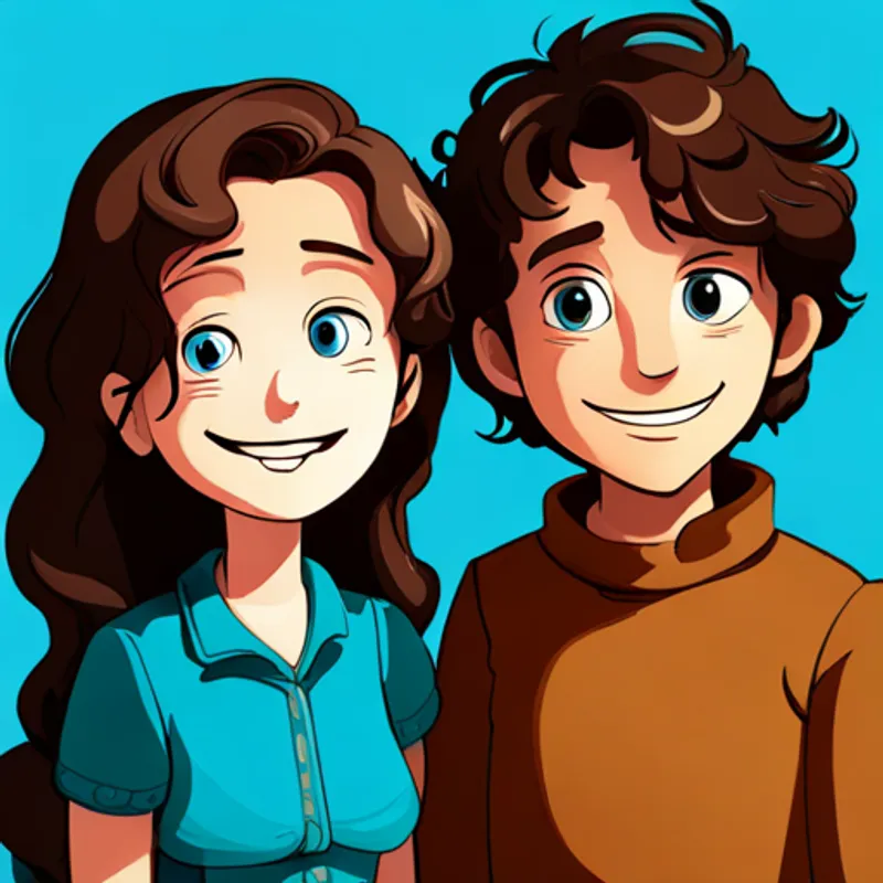 Amira, with dark hair and bright blue eyes with dark hair and blue eyes, Omar, with curly brown hair and a big smile with curly brown hair and smiling