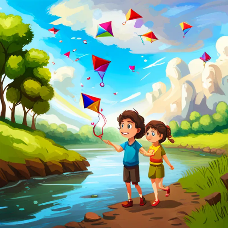 Amira, with dark hair and bright blue eyes and Omar, with curly brown hair and a big smile playing by the river, catching fish and flying kites