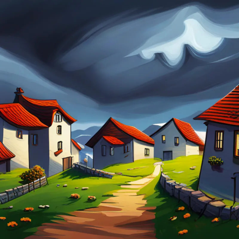 Storm destroying the village houses