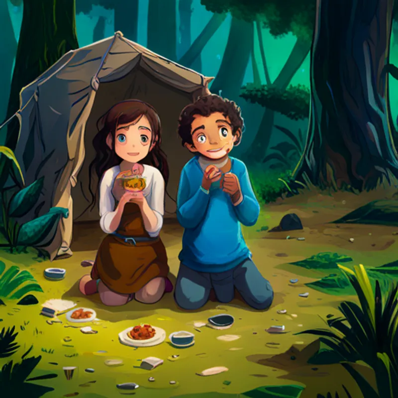 Amira, with dark hair and bright blue eyes and Omar, with curly brown hair and a big smile building a shelter and sharing food