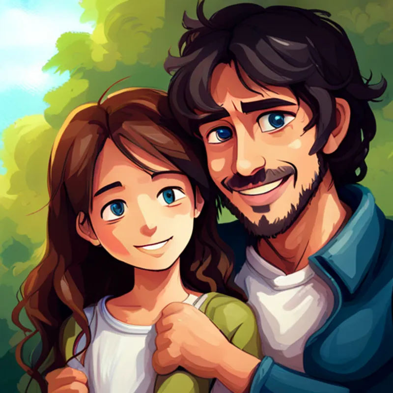 Amira, with dark hair and bright blue eyes and Omar, with curly brown hair and a big smile smiling together, showing friendship and kindness