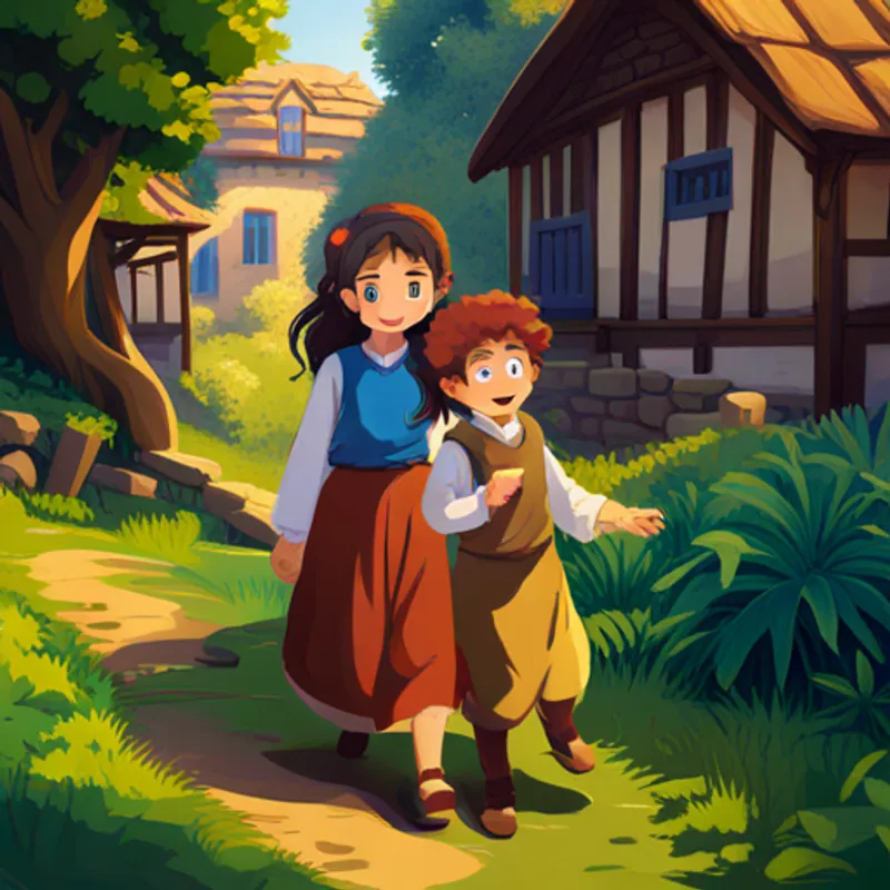 Amira, with dark hair and bright blue eyes and Omar, with curly brown hair and a big smile playing and exploring together in the village