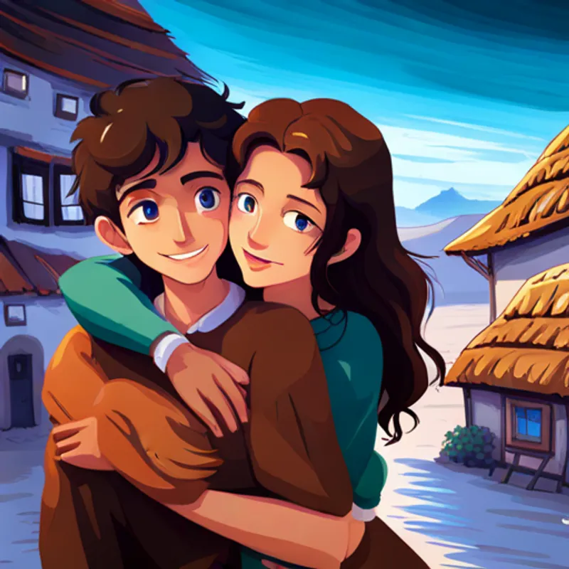 Amira, with dark hair and bright blue eyes and Omar, with curly brown hair and a big smile spreading love and friendship in their village