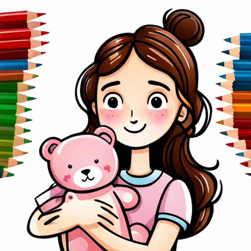Lily is a happy girl with curly brown hair. holds a pink teddy bear