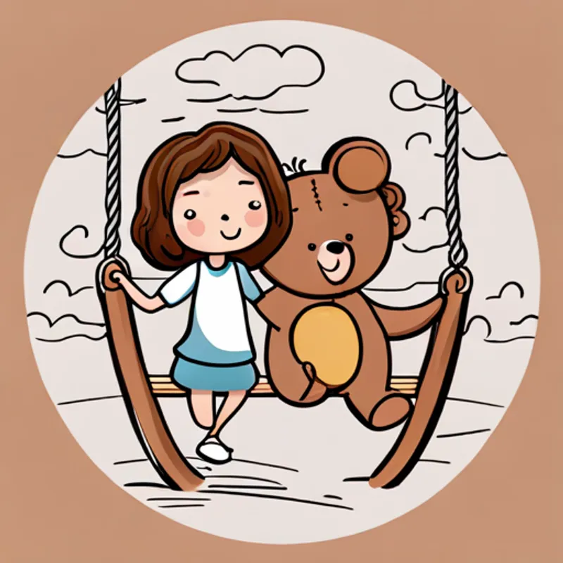 Lily is a happy girl with curly brown hair. and teddy bear playing on a swing