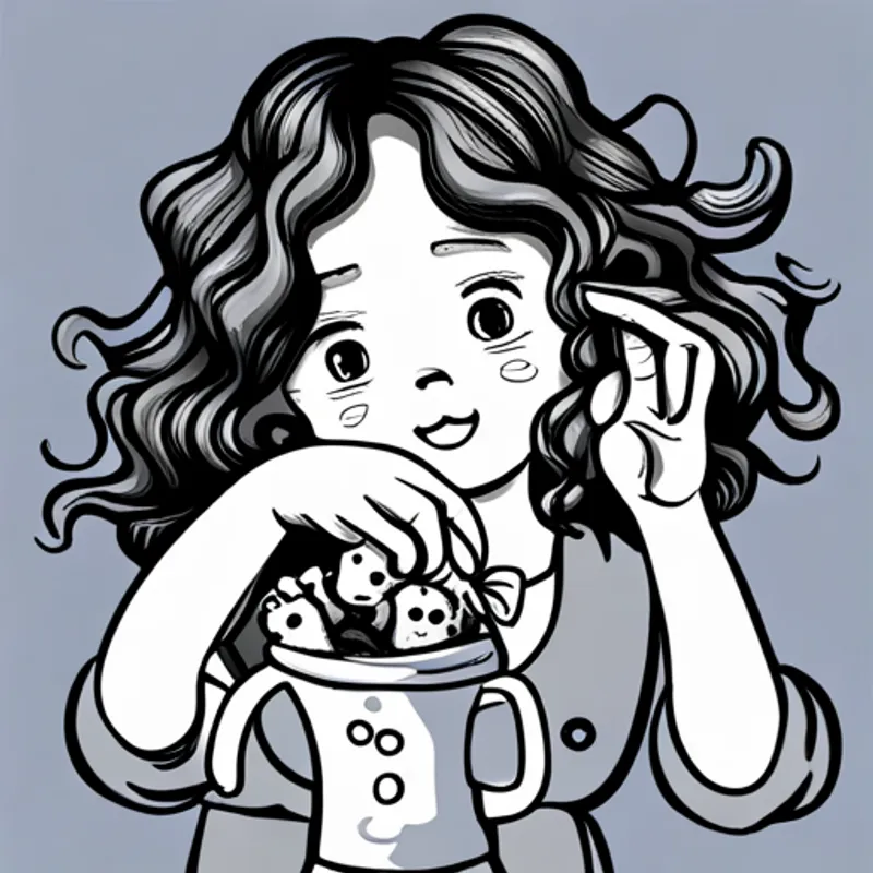 Lily is a happy girl with curly brown hair. searching for teddy bear with a sad face