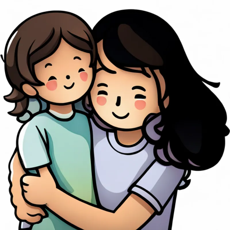 Emily comforting Lily is a happy girl with curly brown hair. by offering a hug