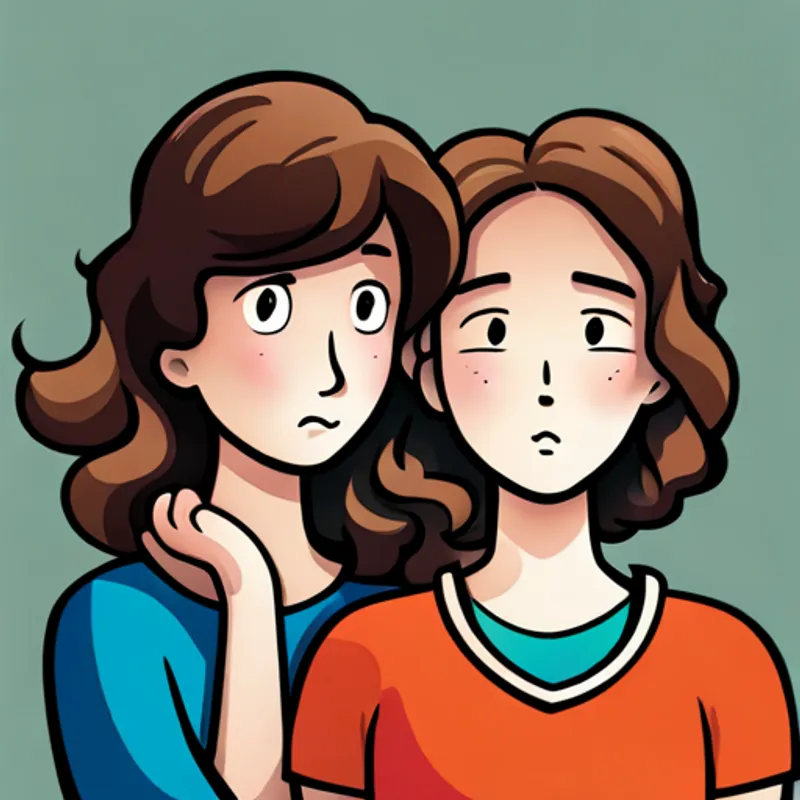 Emily and Lily is a happy girl with curly brown hair. talking with concerned expressions