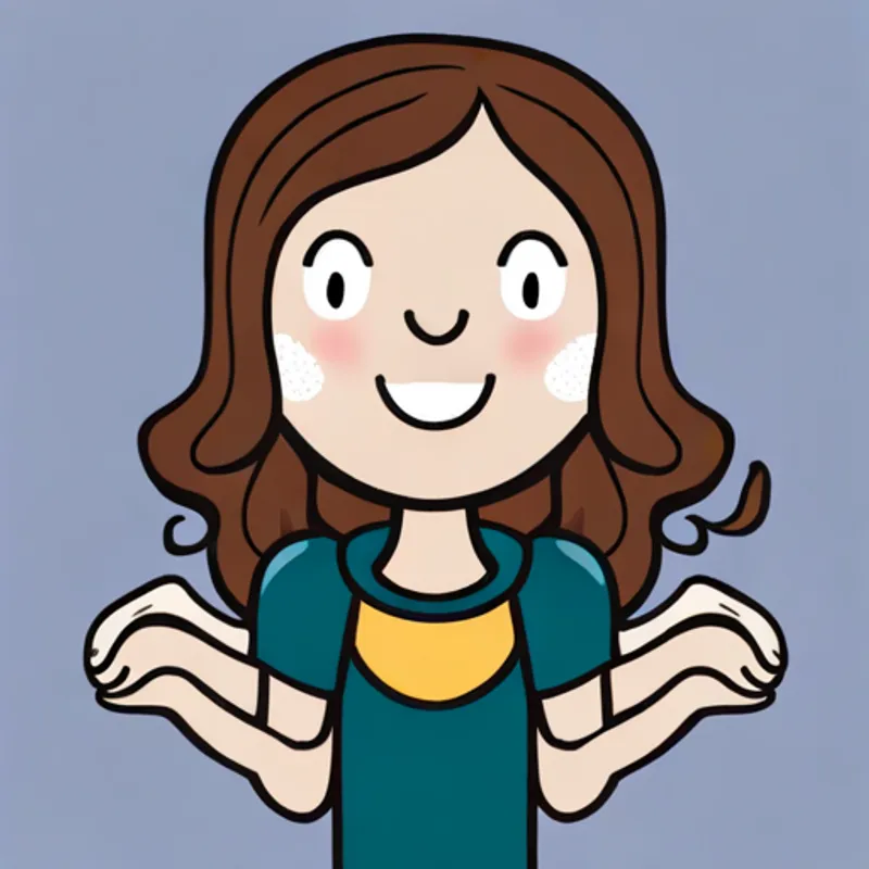 Lily is a happy girl with curly brown hair. pointing to an empty space by her side