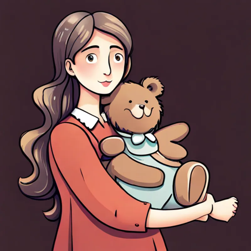 Lily is a happy girl with curly brown hair. and Emily happily hugging the teddy bear
