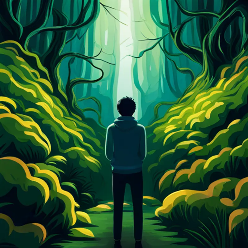 Adrián and the being surrounded by glowing plants