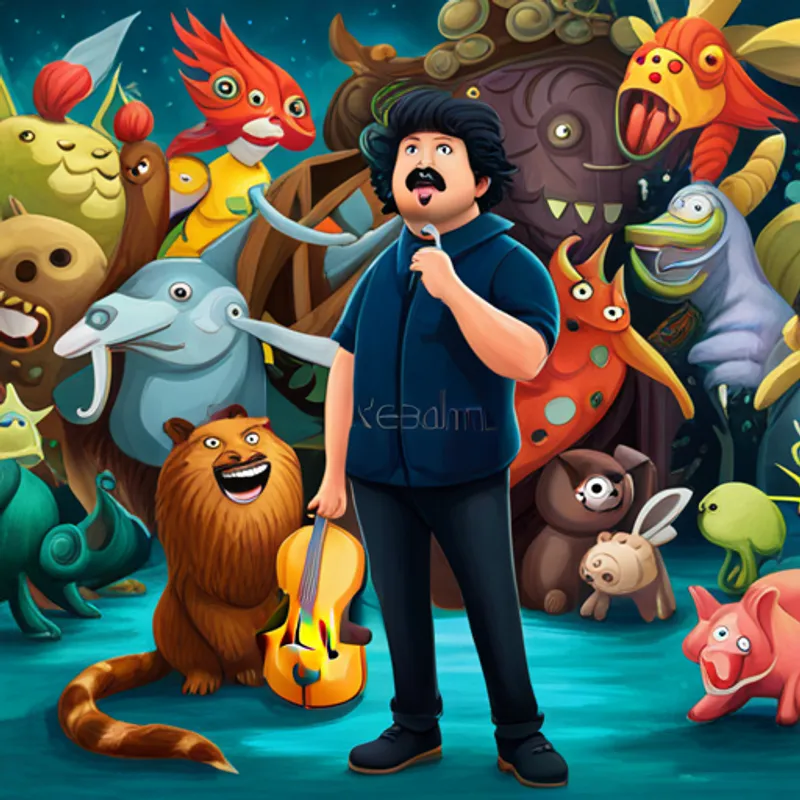 Adrián and the being surrounded by singing creatures