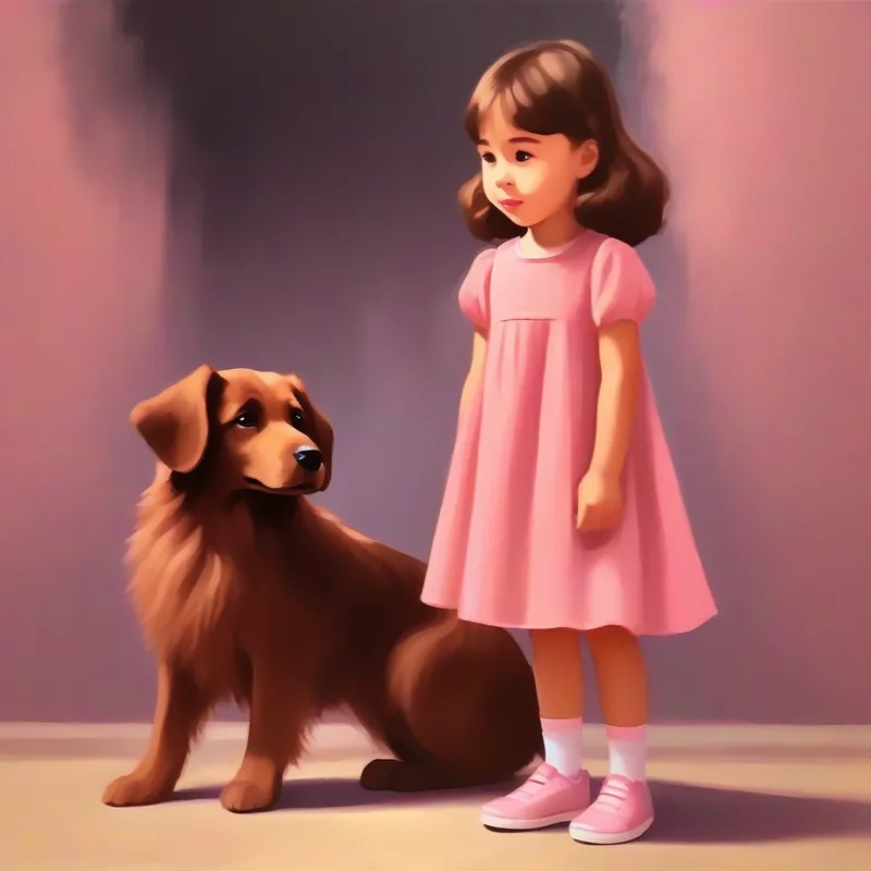 A girl named Little girl with brown hair, wearing a pink dress with her brown dog Friendly dog with soft brown fur and floppy ears