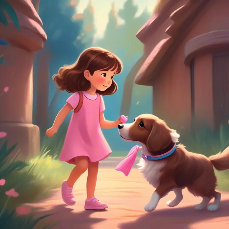 Little girl with brown hair, wearing a pink dress playing fetch with Friendly dog with soft brown fur and floppy ears and finding a blue bracelet