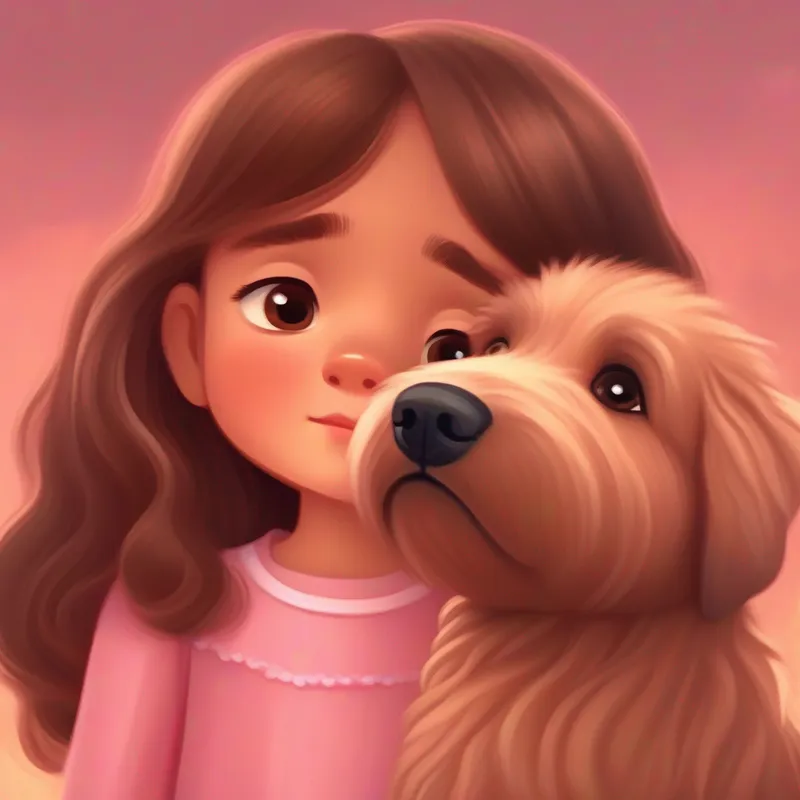 Little girl with brown hair, wearing a pink dress feeling sad and Friendly dog with soft brown fur and floppy ears coming over to comfort her
