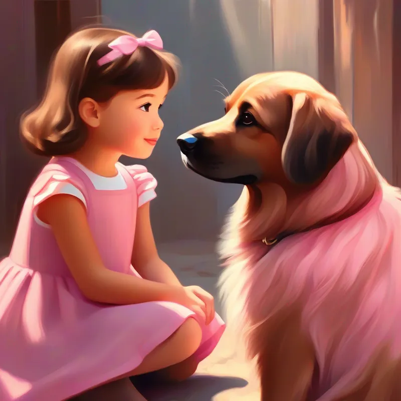 Friendly dog with soft brown fur and floppy ears sitting beside Little girl with brown hair, wearing a pink dress and looking into her eyes