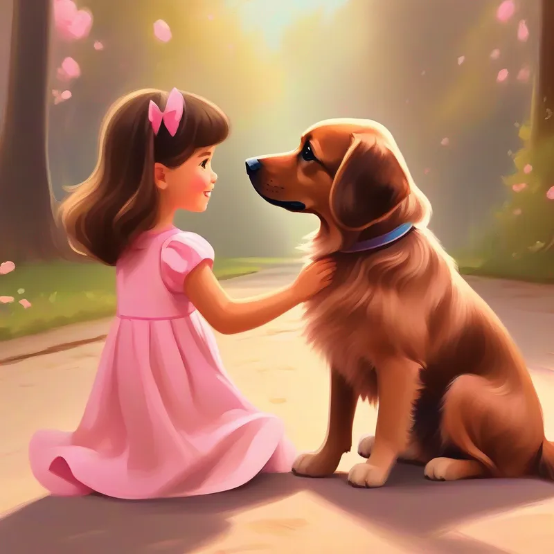 Friendly dog with soft brown fur and floppy ears listening to Little girl with brown hair, wearing a pink dress with a wagging tail and gentle lick