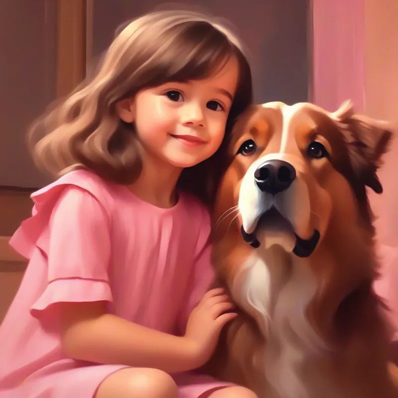 Little girl with brown hair, wearing a pink dress and Friendly dog with soft brown fur and floppy ears sitting together, emphasizing good listening