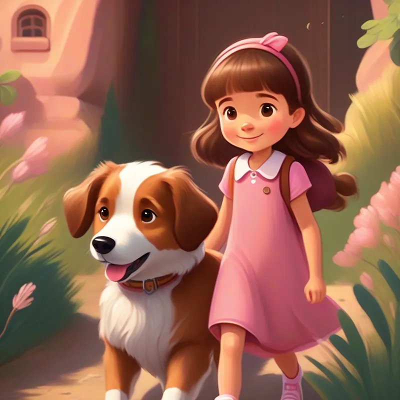Little girl with brown hair, wearing a pink dress and Friendly dog with soft brown fur and floppy ears going on adventures and being best friends